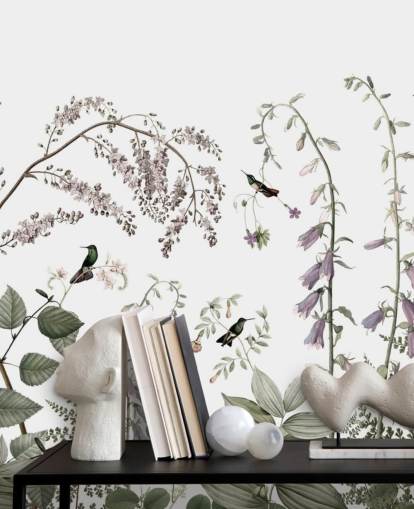 mural de pared botánicos de color verde pálido, rosa y blanco con colibríes mural de pared botánicos de color verde pálido, rosa y blanco con colibríes