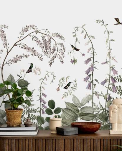pale green, pink and white botanicals with hummingbirds wall mural