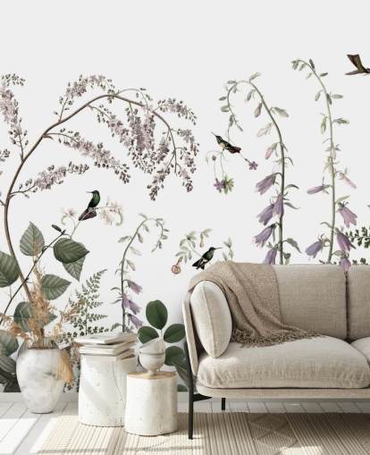 lichtgroene, roze en witte botanicals met kolibries muurschildering