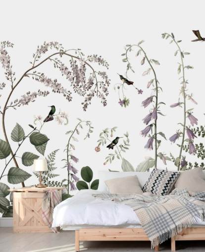Decorazione murale con piante verdi pallide, rosa e bianche con colibrì