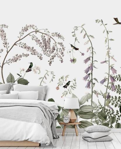 botânicos verde pálido, rosa e branco com mural de beija-flores