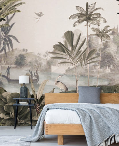 groene aanpasbare luipaardbehangmuurschildering genaamd Leopard Landscape van Sir Edward voor de woonkamer