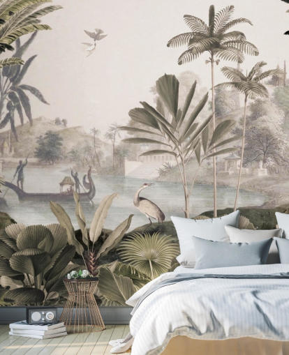 groene aanpasbare luipaardbehangmuurschildering genaamd Leopard Landscape van Sir Edward voor de woonkamer