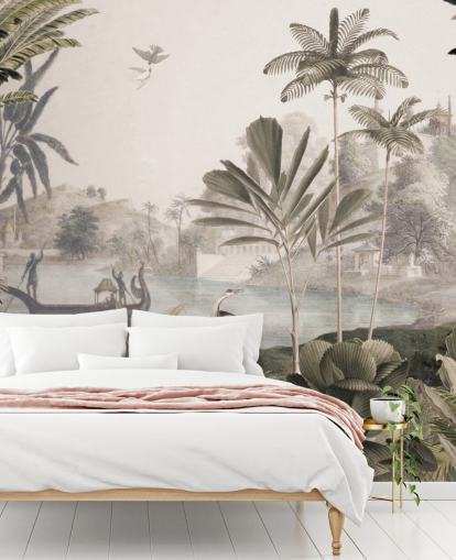 mural de papel de parede de leopardo personalizável verde chamado Leopard Landscape de Sir Edward para sala de estar