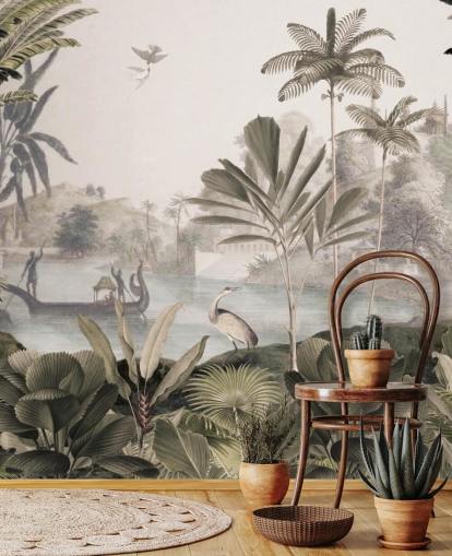 mural de papel de parede de leopardo personalizável verde chamado Leopard Landscape de Sir Edward para sala de estar