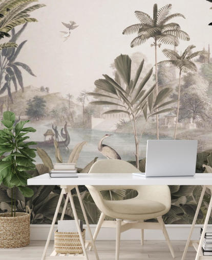 mural de papel pintado de leopardo verde personalizable llamado Leopard Landscape de Sir Edward para sala de estar