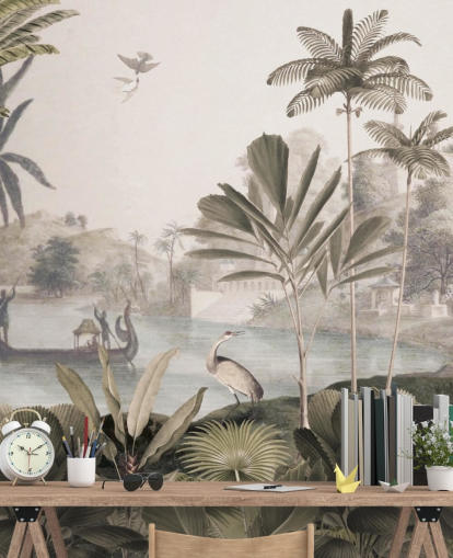 green customisable leopard wallpaper mural called Leopard Landscape by Sir Edward for living room