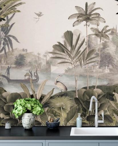 mural de papel pintado de leopardo verde personalizable llamado Leopard Landscape de Sir Edward para sala de estar