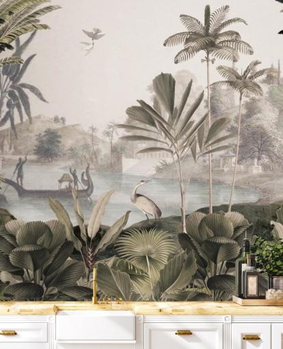 groene aanpasbare luipaardbehangmuurschildering genaamd Leopard Landscape van Sir Edward voor de woonkamer