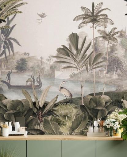 green customisable leopard wallpaper mural called Leopard Landscape by Sir Edward for living room