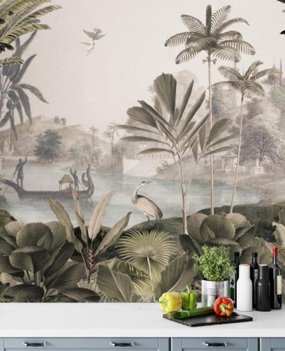 grønt tilpasseligt leopard tapetmaleri kaldet Leopard Landscape af Sir Edward til stuen