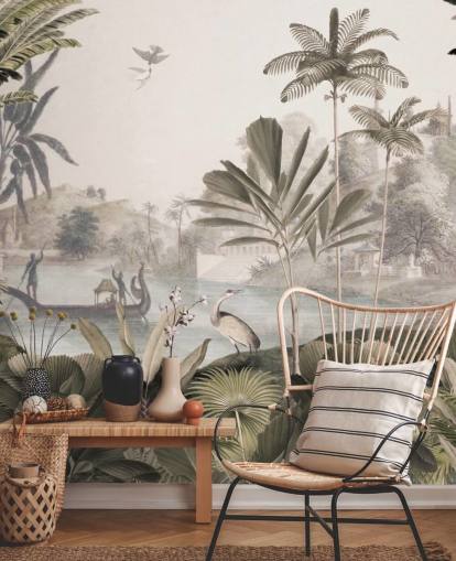 groene aanpasbare luipaardbehangmuurschildering genaamd Leopard Landscape van Sir Edward voor de woonkamer