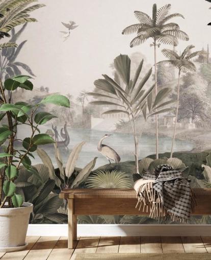 mural de papel de parede de leopardo personalizável verde chamado Leopard Landscape de Sir Edward para sala de estar