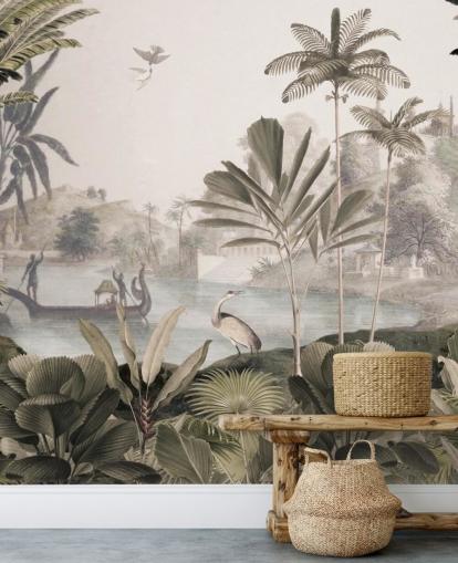 mural de papel pintado de leopardo verde personalizable llamado Leopard Landscape de Sir Edward para sala de estar