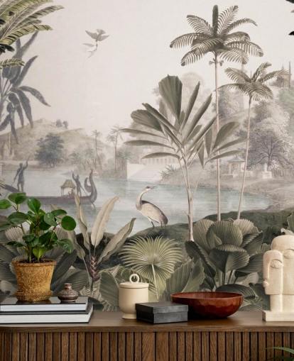 papier peint mural léopard personnalisable vert appelé Leopard Landscape par Sir Edward pour le salon