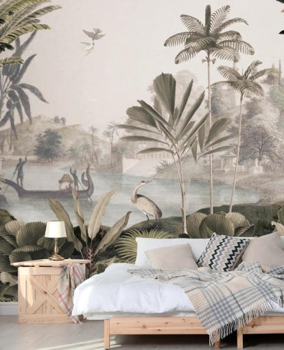 groene aanpasbare luipaardbehangmuurschildering genaamd Leopard Landscape van Sir Edward voor de woonkamer