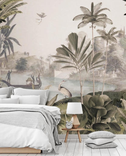 mural de papel pintado de leopardo verde personalizable llamado Leopard Landscape de Sir Edward para sala de estar