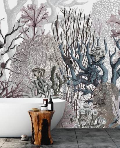 illustrated vintage purple and blue coral wallpaper