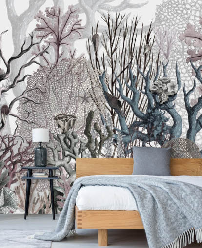 illustrerad vintage lila och blå korall tapeter