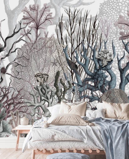 illustrated vintage purple and blue coral wallpaper