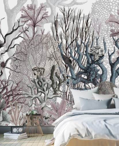 geïllustreerd vintage paars en blauw koraalbehang