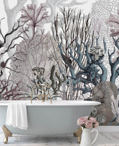 illustrated vintage purple and blue coral wallpaper