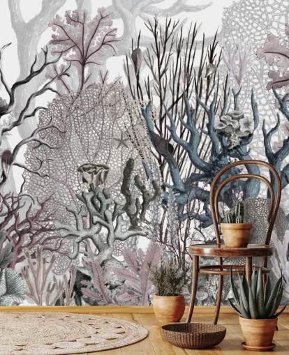 papel pintado vintage coral morado y azul ilustrado