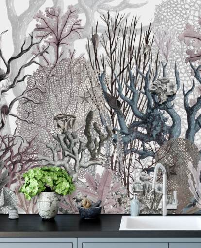 illustrated vintage purple and blue coral wallpaper
