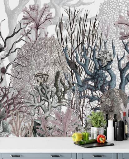 papel pintado vintage coral morado y azul ilustrado