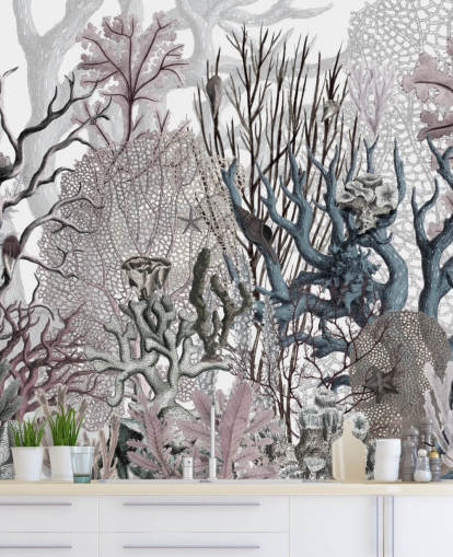 illustreret vintage lilla og blå koral tapet