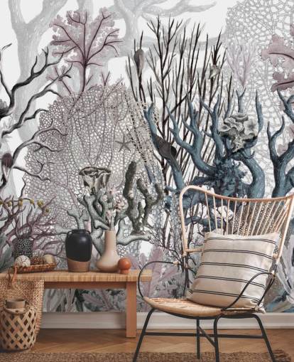 papel pintado vintage coral morado y azul ilustrado