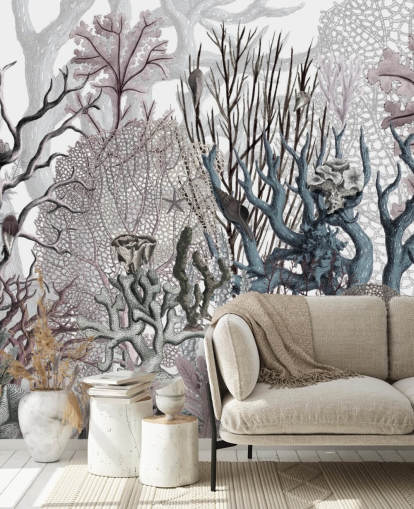 illustrated vintage purple and blue coral wallpaper