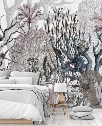 illustrated vintage purple and blue coral wallpaper