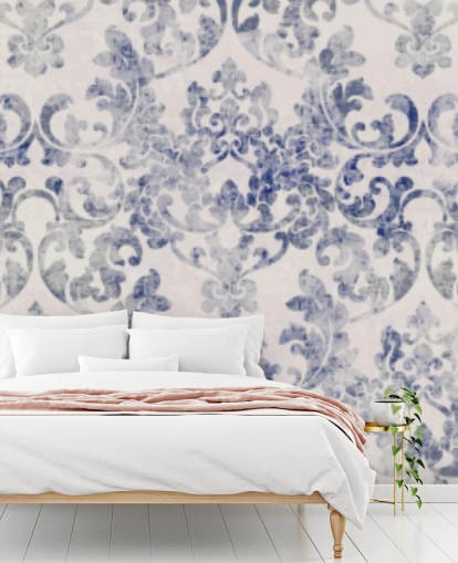 papel de parede damasco azul e branco