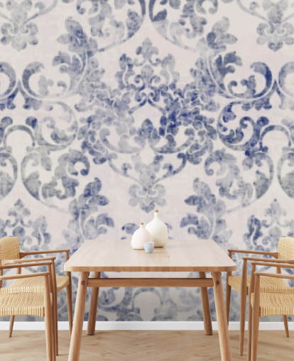 papel pintado damasco azul y blanco