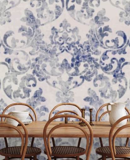 carta da parati damascata blu e bianca