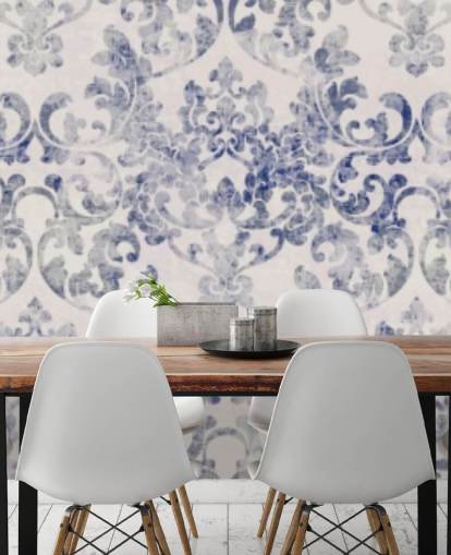 papel de parede damasco azul e branco