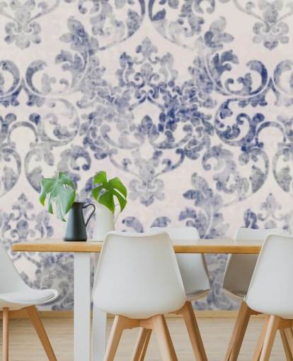 blauw en wit damastbehang