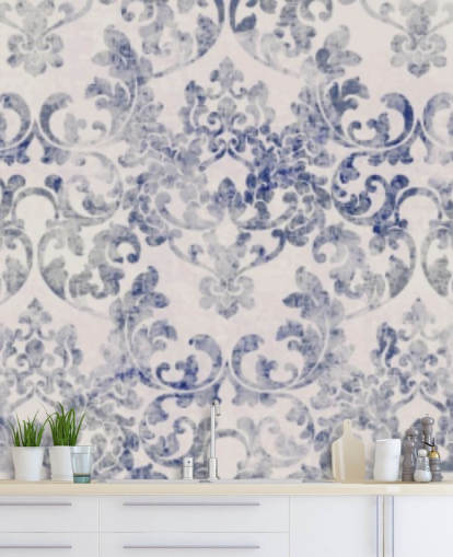 blå og hvit damask tapet