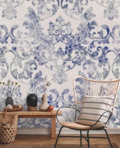 papel pintado damasco azul y blanco