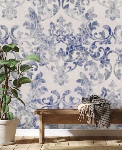 blå og hvit damask tapet