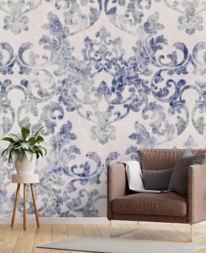 blå og hvit damask tapet