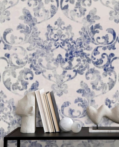 papier peint damassé bleu et blanc