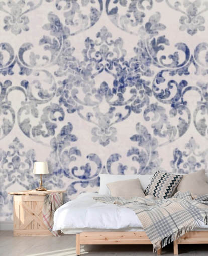 papel pintado damasco azul y blanco
