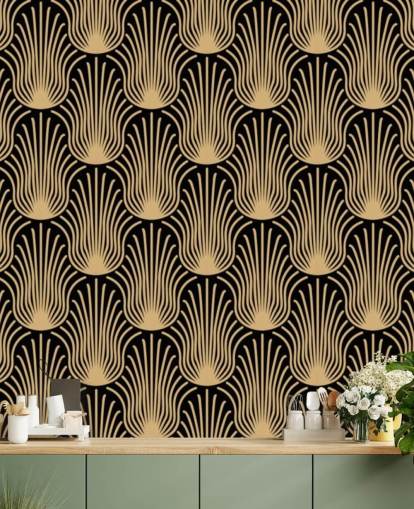 papel pintado art deco de color negro y dorado
