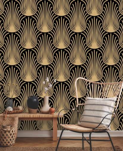 black and gold coloured art deco wallpaper