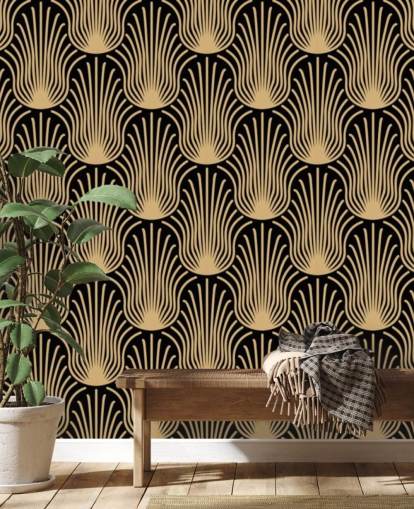 papel pintado art deco de color negro y dorado
