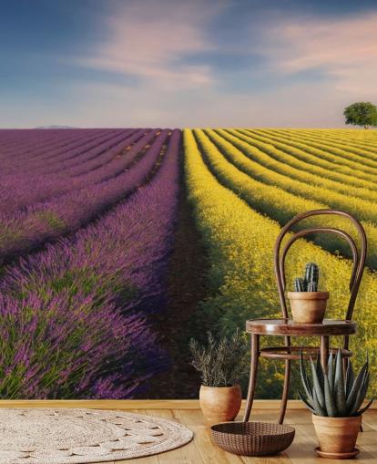 mural de pared personalizable morado y amarillo llamado Flores moradas y amarillas para dormitorios, cocinas y comedores