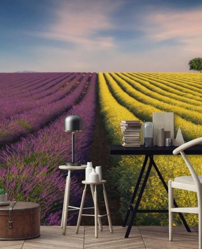 mural de parede personalizável roxo e amarelo chamado Flores roxas e amarelas para quartos, cozinhas e salas de jantar
