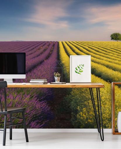 paarse en gele aanpasbare muurschildering genaamd Purple and Yellow Flowers voor slaapkamers, keukens en eetkamers paarse en gele aanpasbare muurschildering genaamd Purple and Yellow Flowers voor slaapkamers, keukens en eetkamers